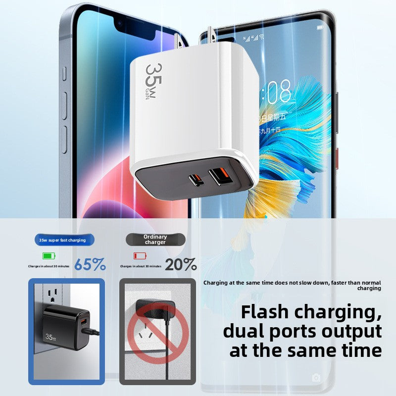 30W GaN Fast Charger USB-C USB-A Dual Port Adapter